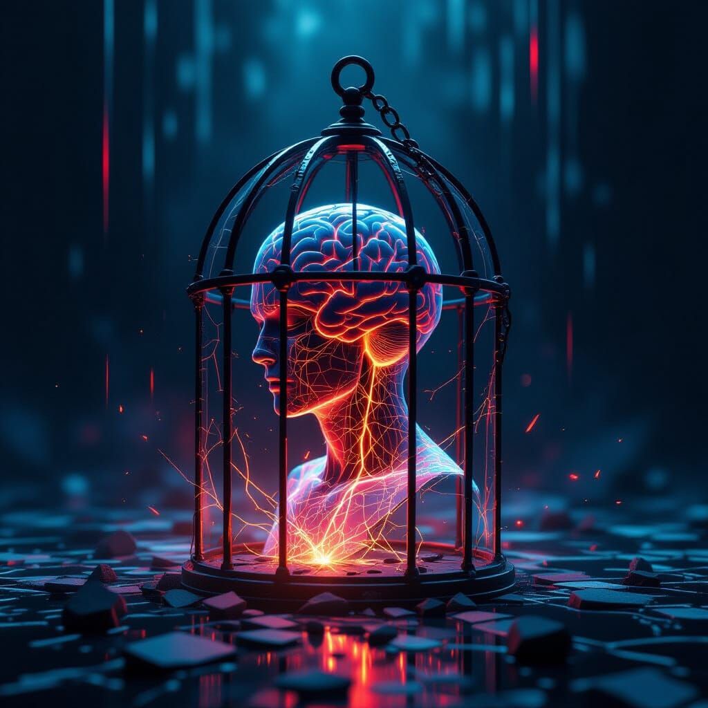 Solitary Mind Trapped in Shattered Glass Cage