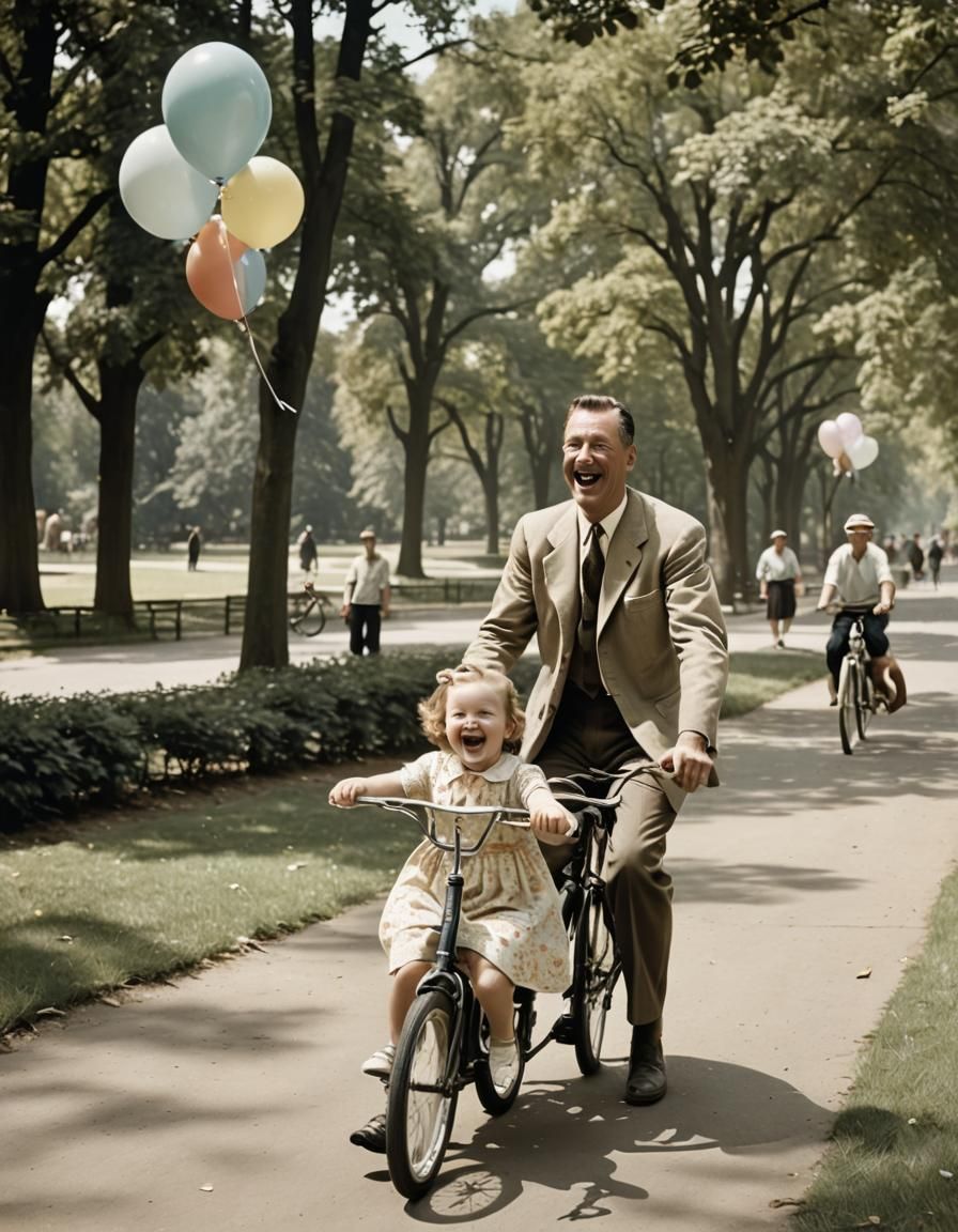 Girl on Bike in Park, 1950s Faience Style