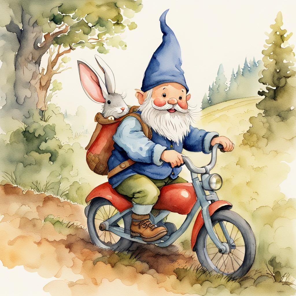 Gnome Rides Rabbit: Watercolor Children's Book Illustration