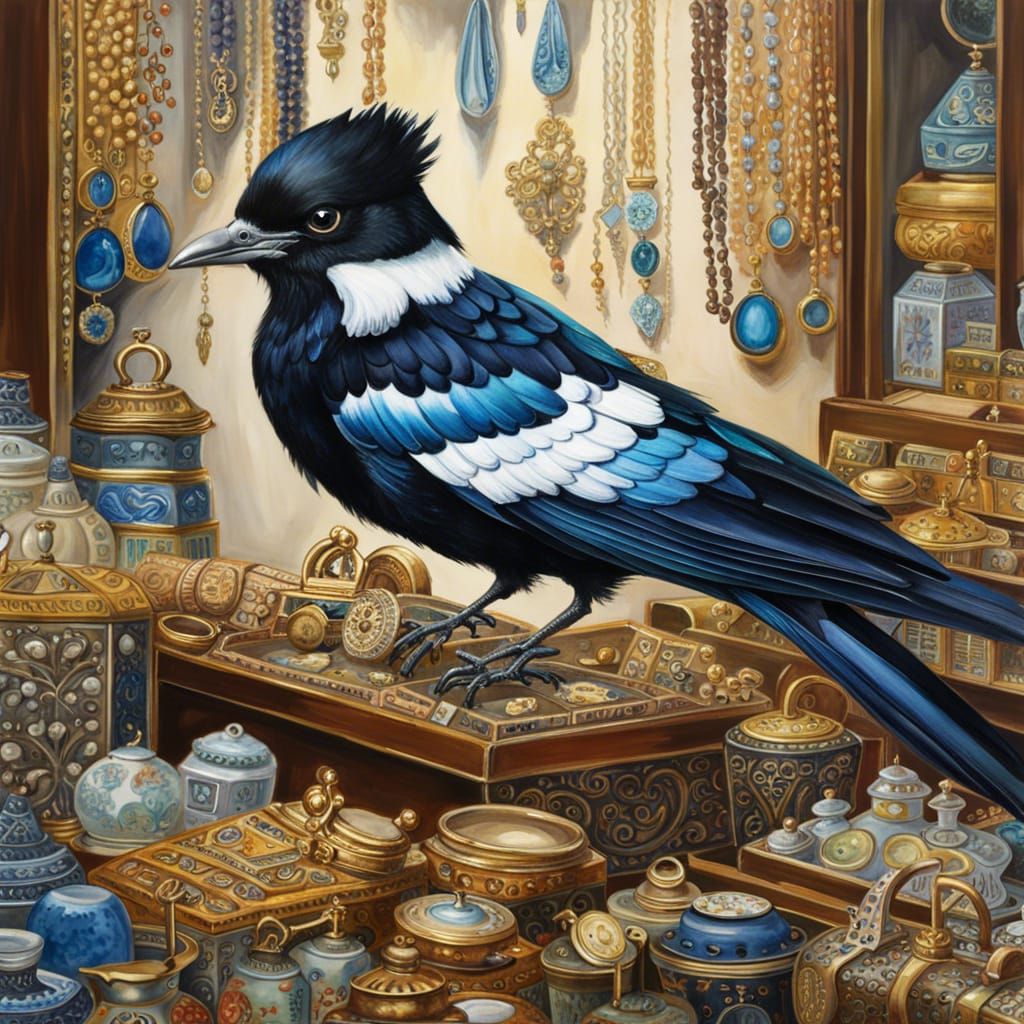 Hyperrealistic Chibi Magpie Jewelry Seller in Gouache Style