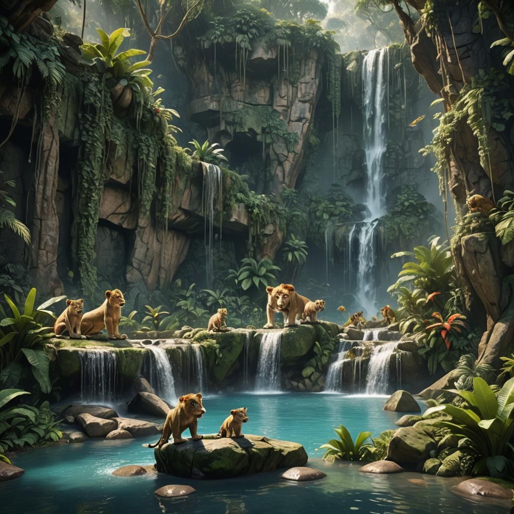 Jungle Waterfall Scene with Lion Cub and Monkey