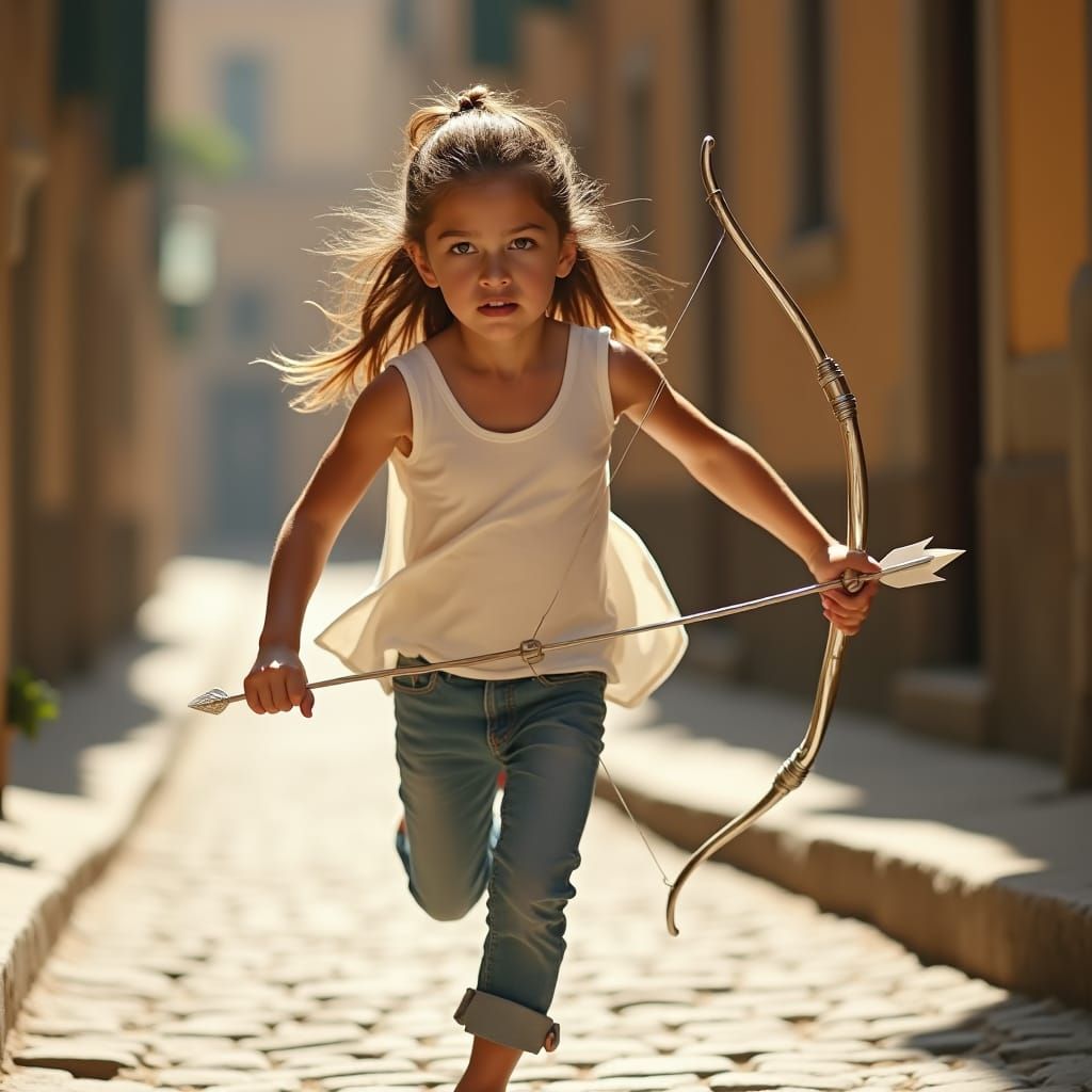 Girl with Bow Runs Down Cobblestone Street