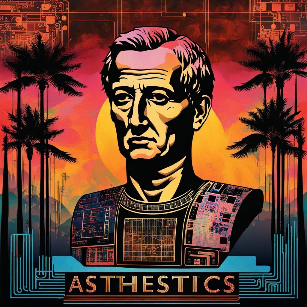 Vaporwave Collage with Caesar Bust and Neon Sunset