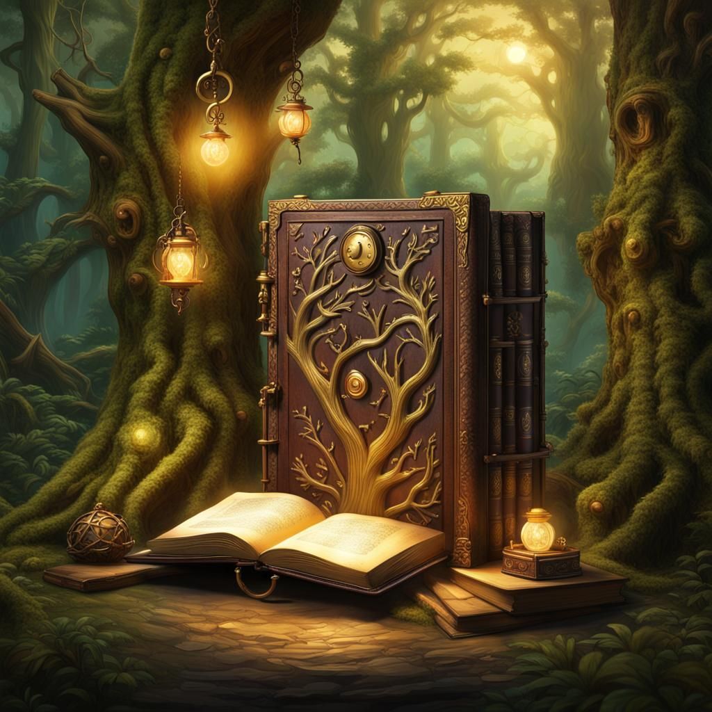Enchanted Library: Leather Book in Ancient Forest