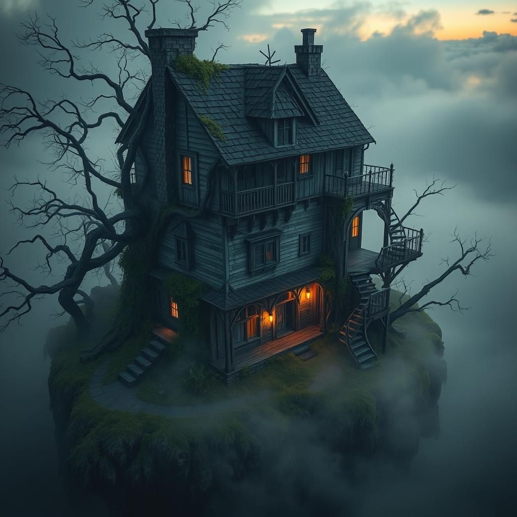 Eerie Fantasy House on Island in Dreamlike Style