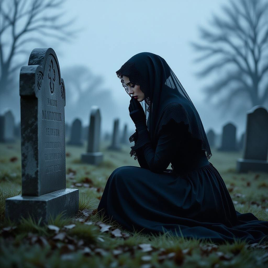 Photorealistic Widow Mourning at Gravestone