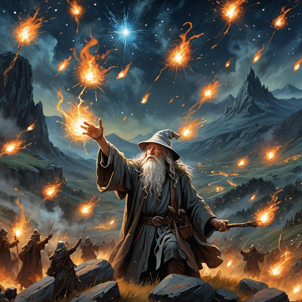 Wizard Gandalf Conjures Fire in Oil Painting Style