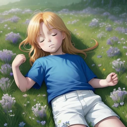 Child Sleeping in Bellflower Meadow: Cel-Shaded Anime Art