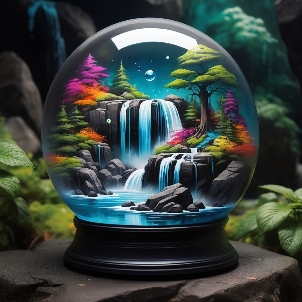 Vibrant Waterfall in a Delicate Snowglobe Scene