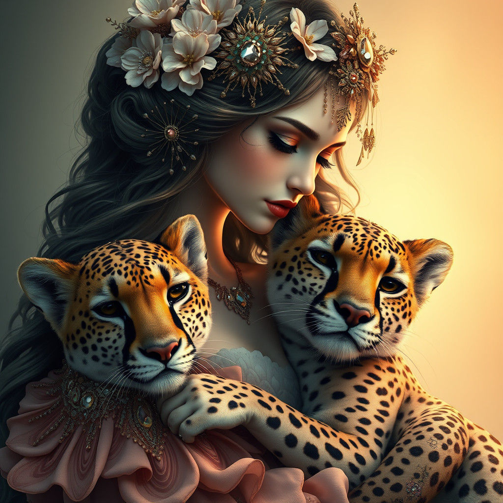 Fantasy Flower Girl with Cheetahs in Art Nouveau Style