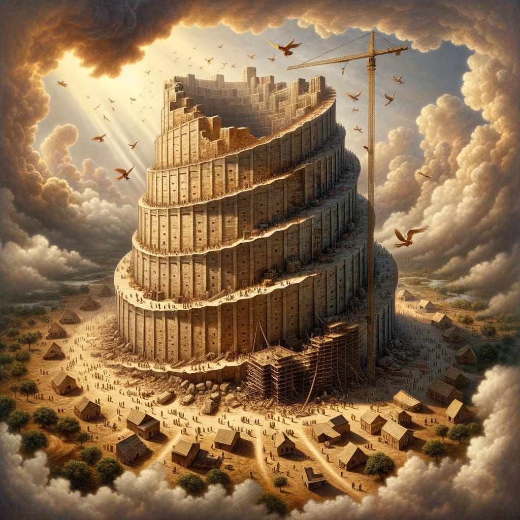 Hyperrealistic Tower of Babel Construction Under Golden Sun