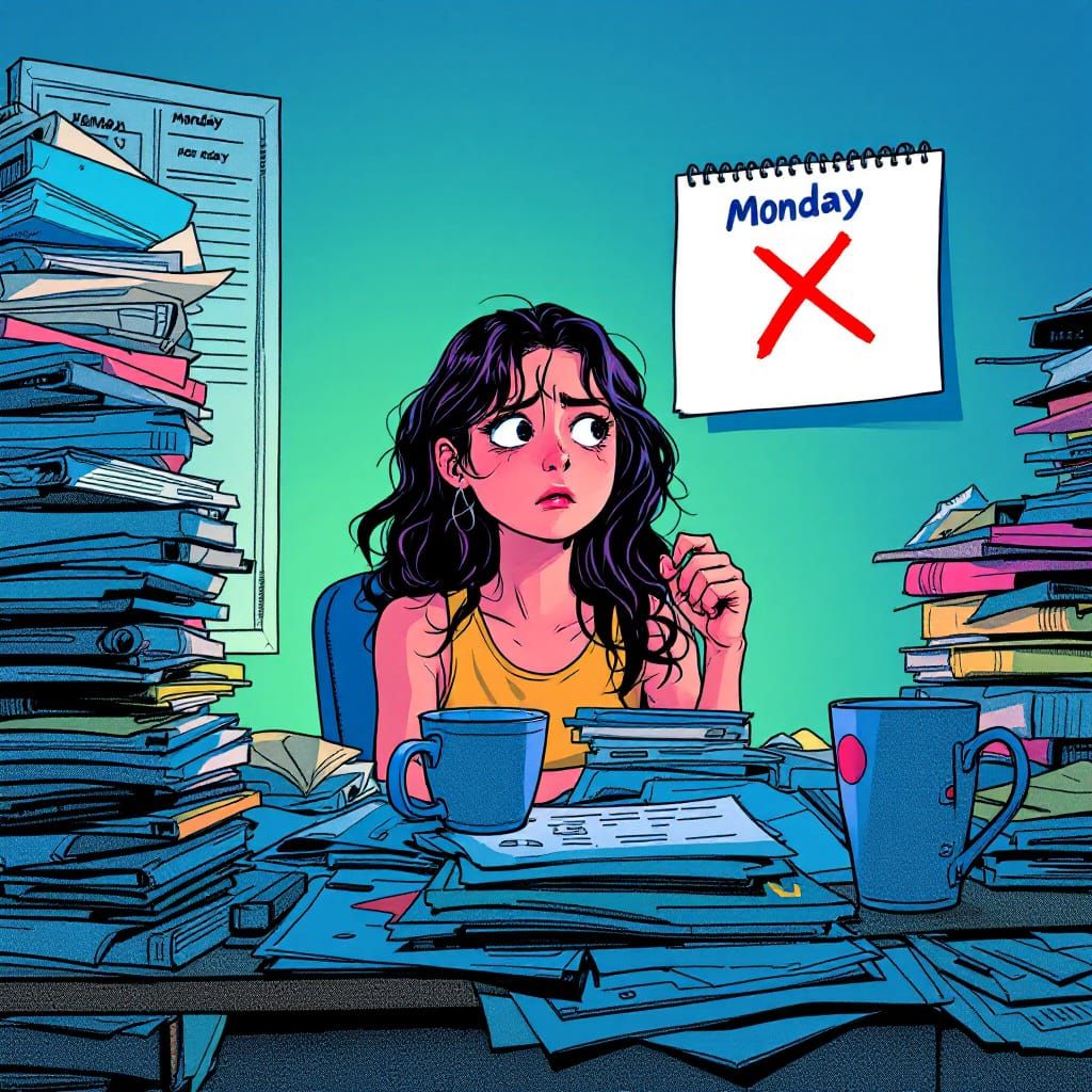 Woman's Monday Melancholy in Vibrant Pop Art Style