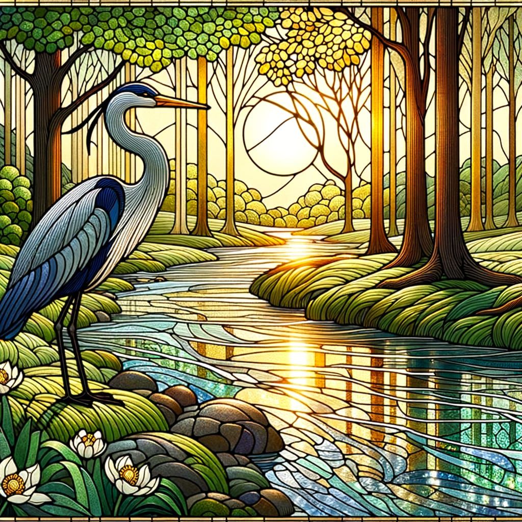Art Nouveau Spring Woodland with Stained Glass Heron