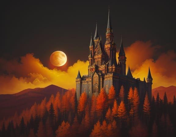 Ethereal Gothic Castle Under Full Moonlit Autumn Skies