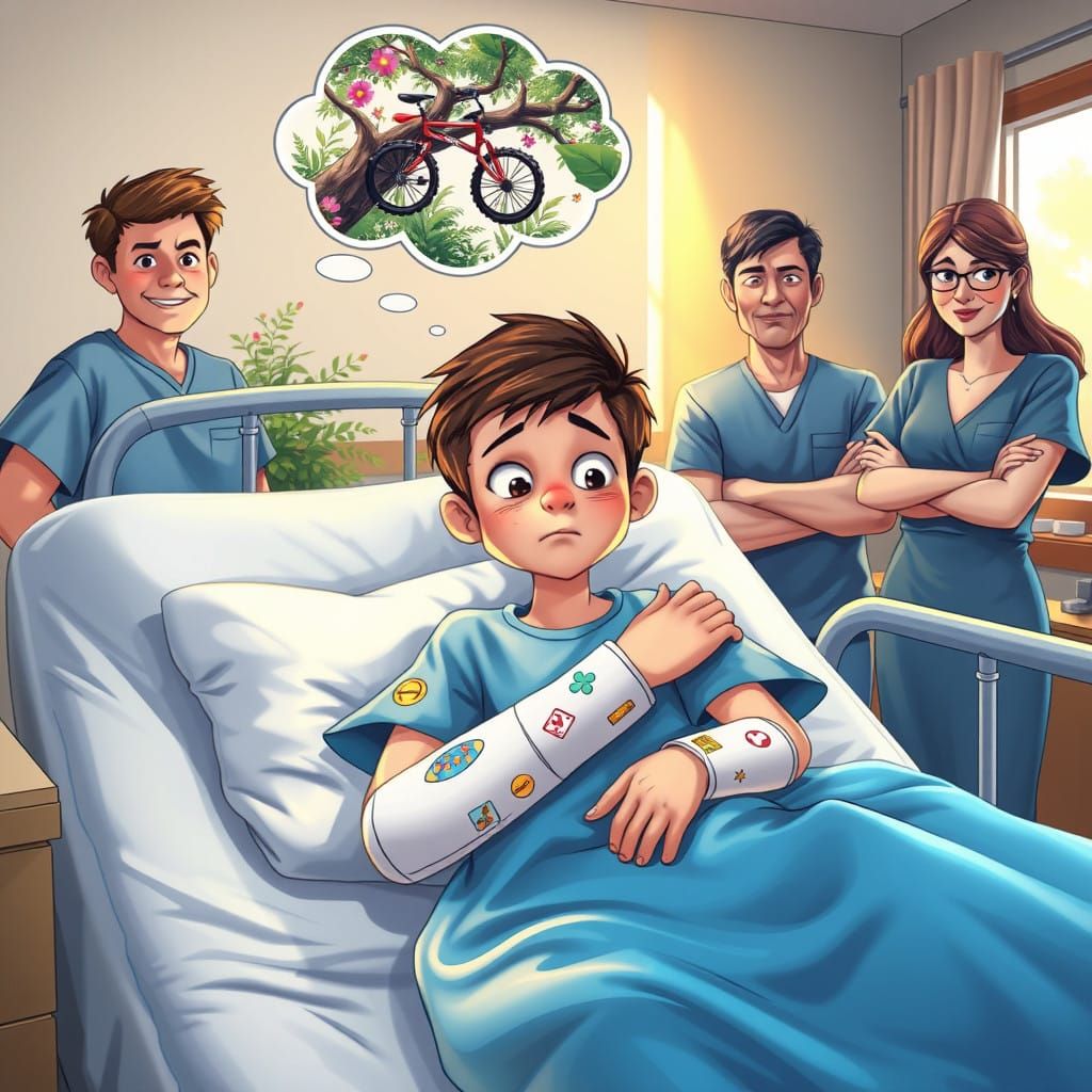 Worried Boy in Hospital Bed, Mother and Father's Reassurance