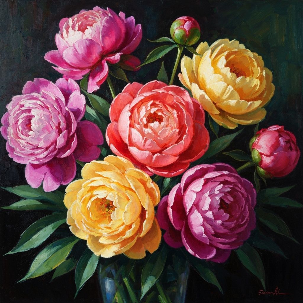 Vibrant Peony Oil Painting with Bold Brushstrokes