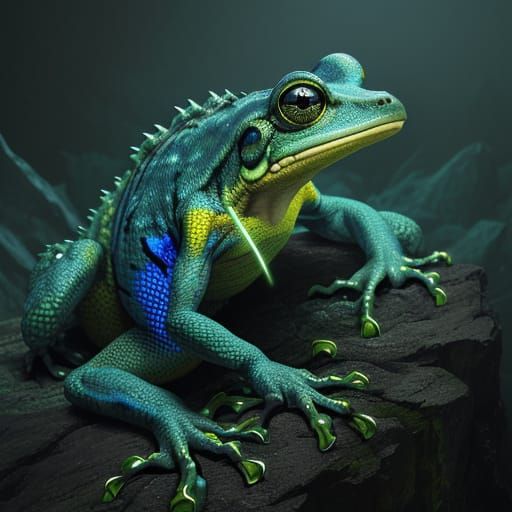 Electric Lizard Perched on Rocky Outcropping in Cinematic Fi...
