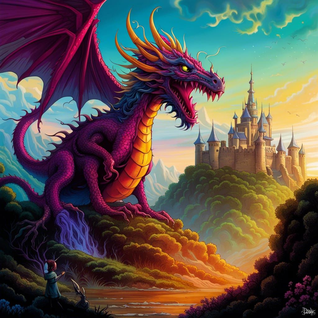Psychedelic Dragon and Castle, Surreal Art