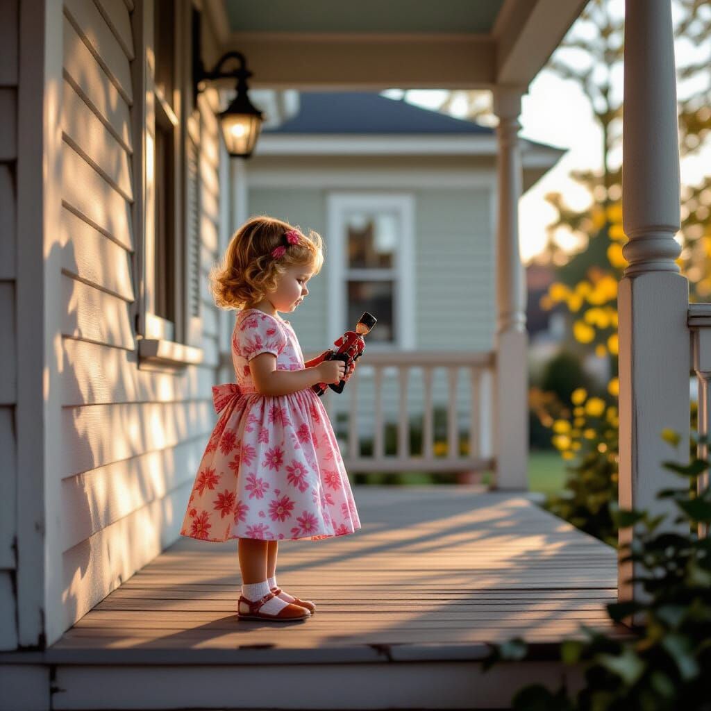 Girl in 1950s Dress with Toy Soldier on Victorian Porch