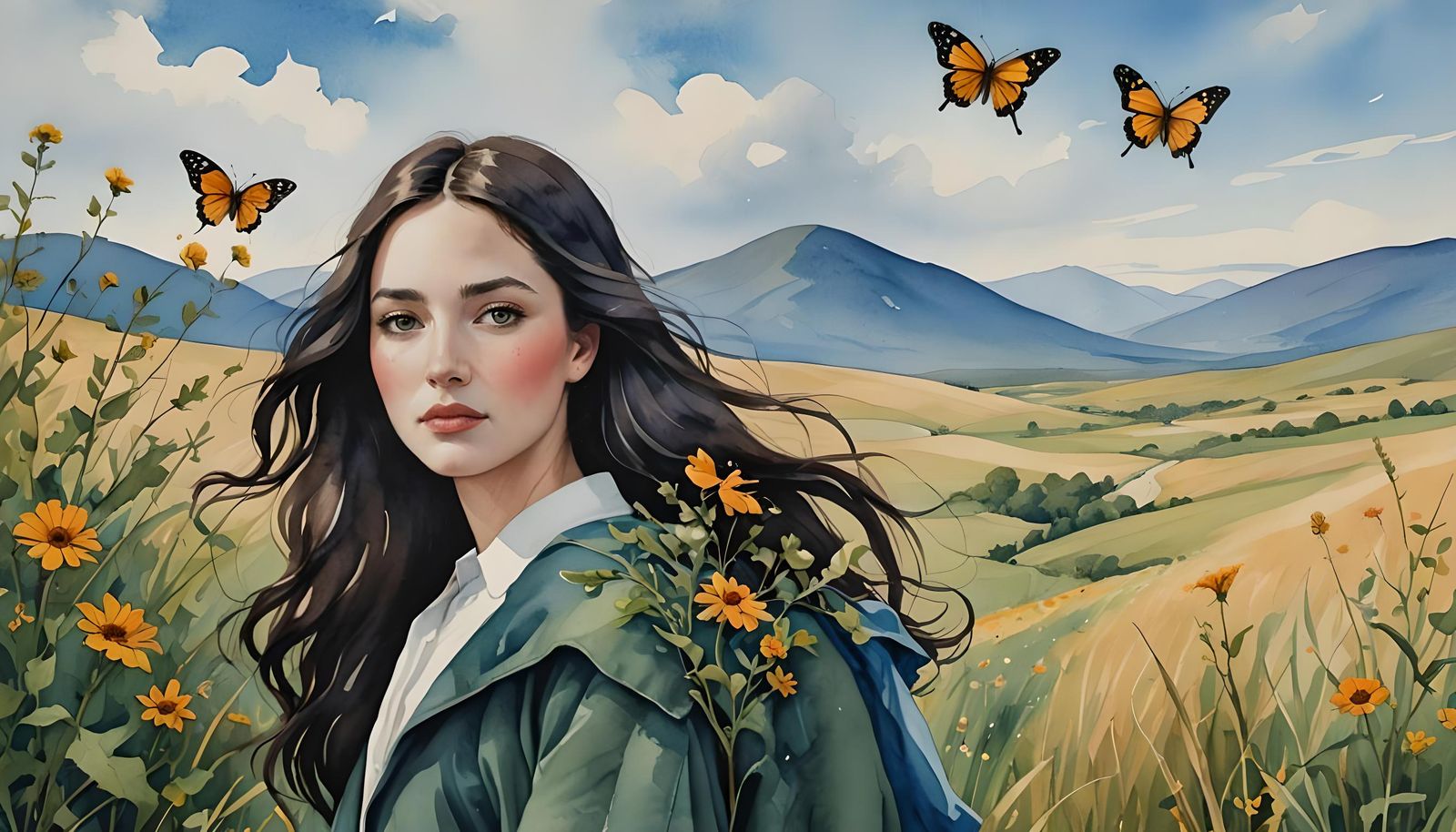 Woman with Butterfly: Watercolor Naive Art