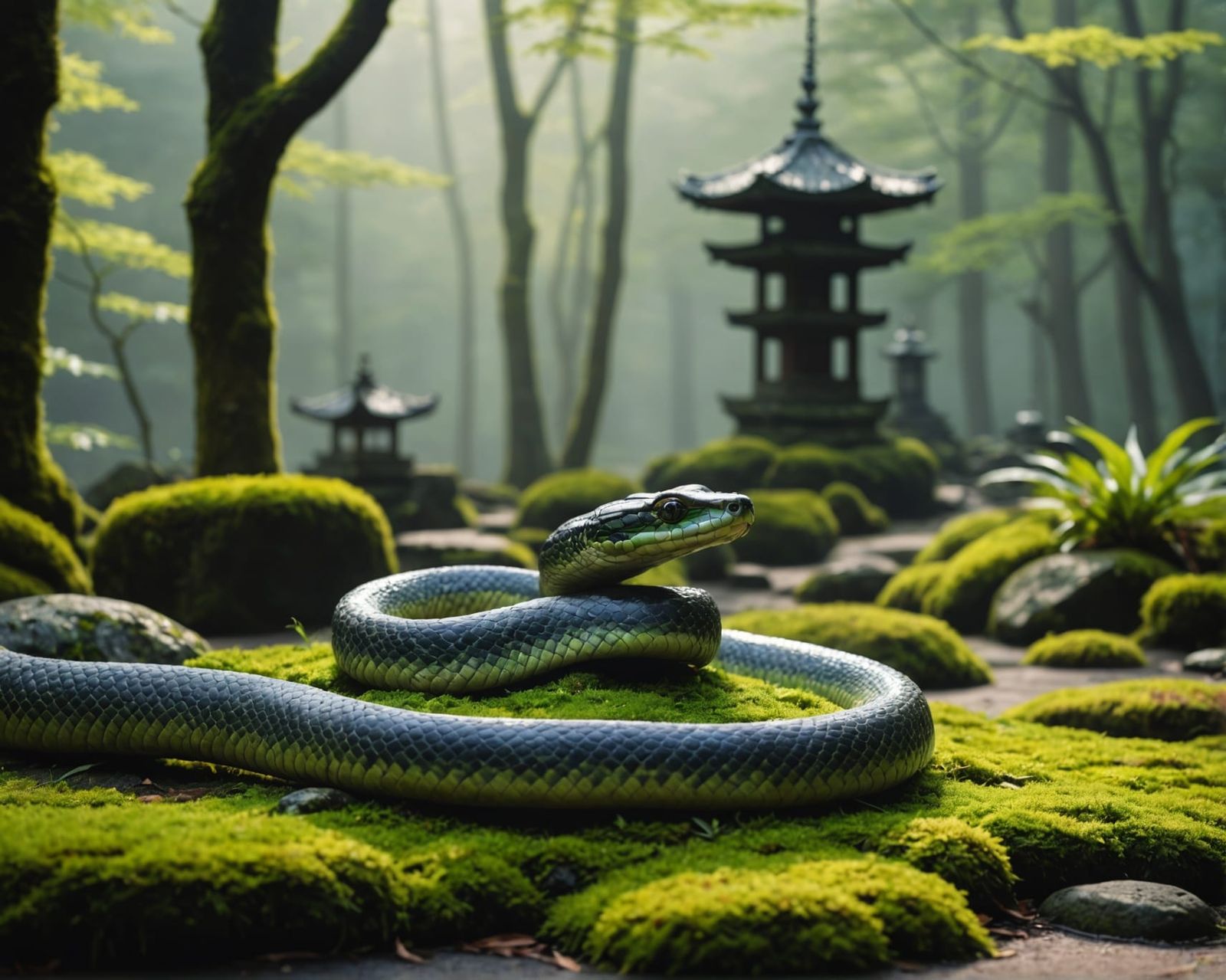 Serpent Gliding in Misty Temple Garden