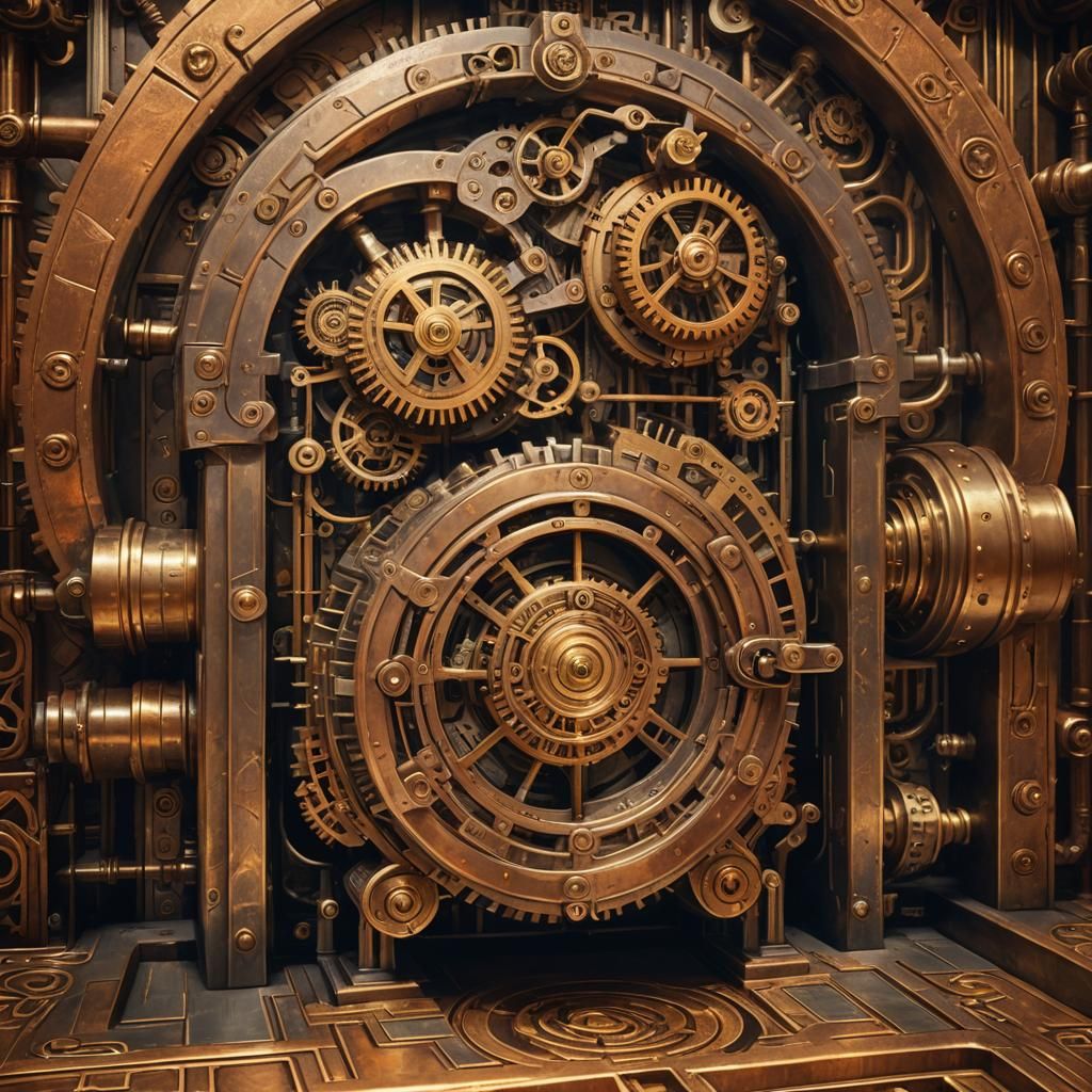 Steampunk Engine with Intricate Copper Lock Oil Painting