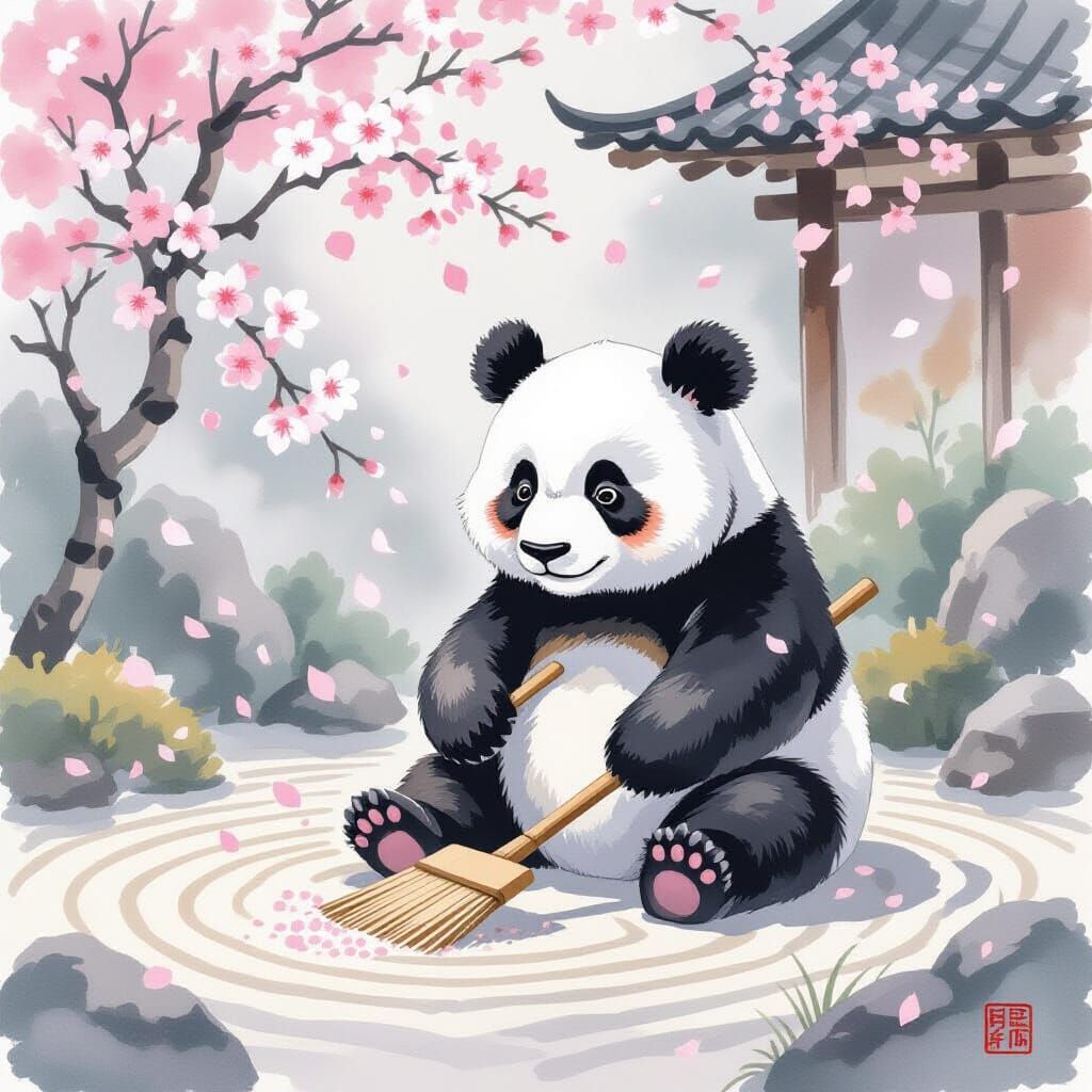 Panda's Zen Garden: A Minimalist Watercolor Scene