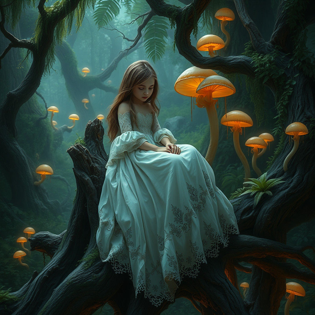 Melancholic Girl in Mystical Forest, Matte Painting