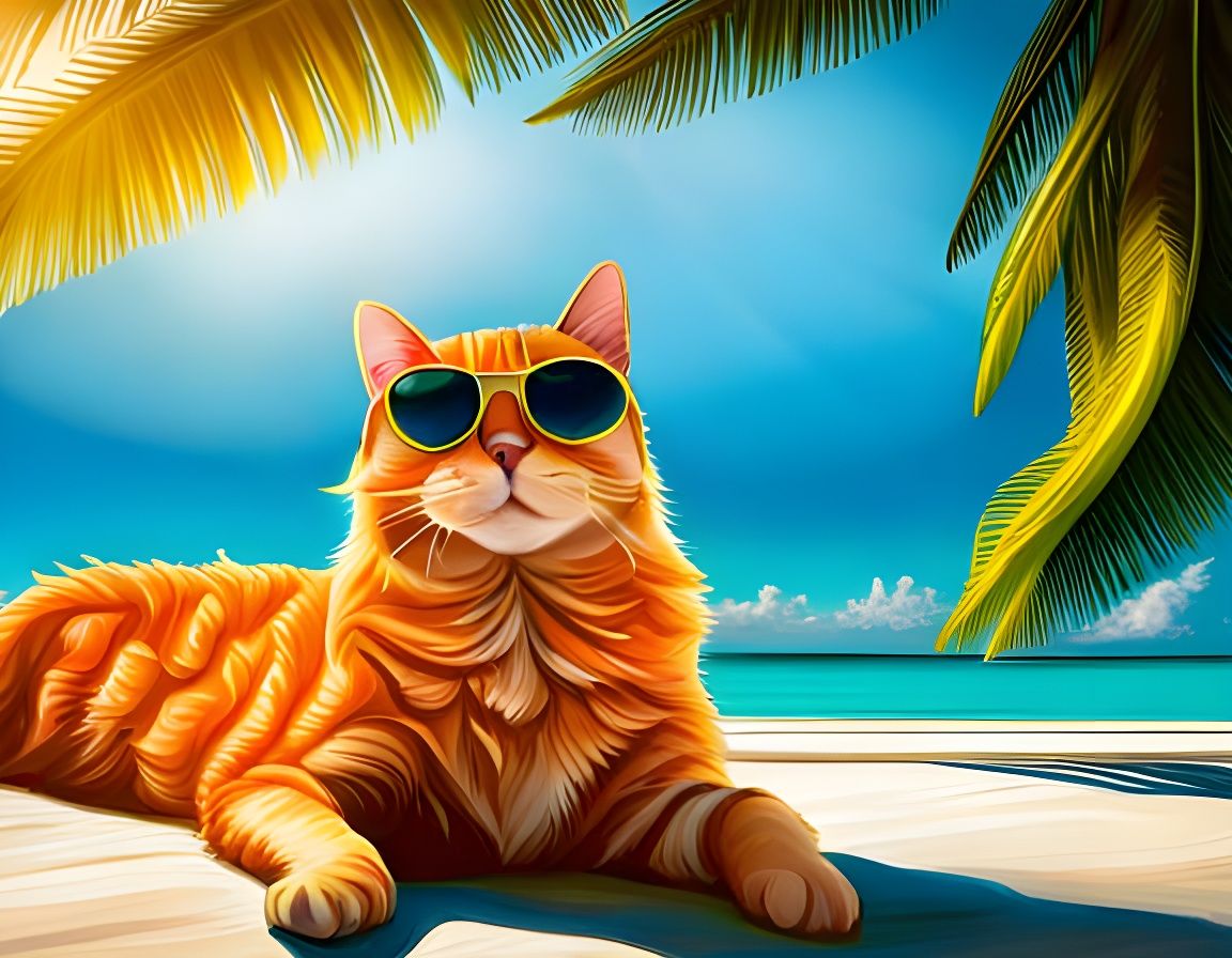 Cat with Sunglasses on Tropical Beach