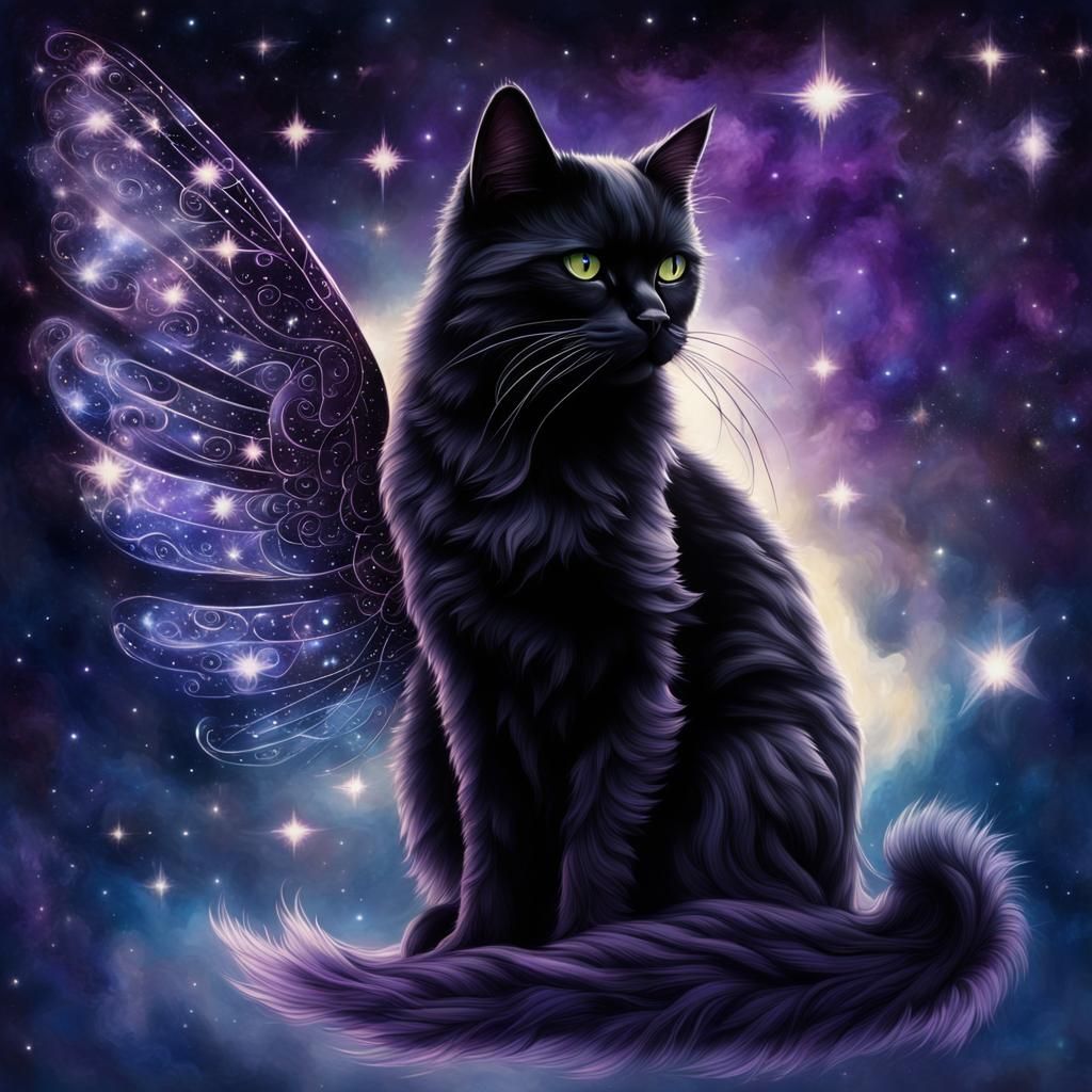 Celestial Black Cat with Galaxy Wings