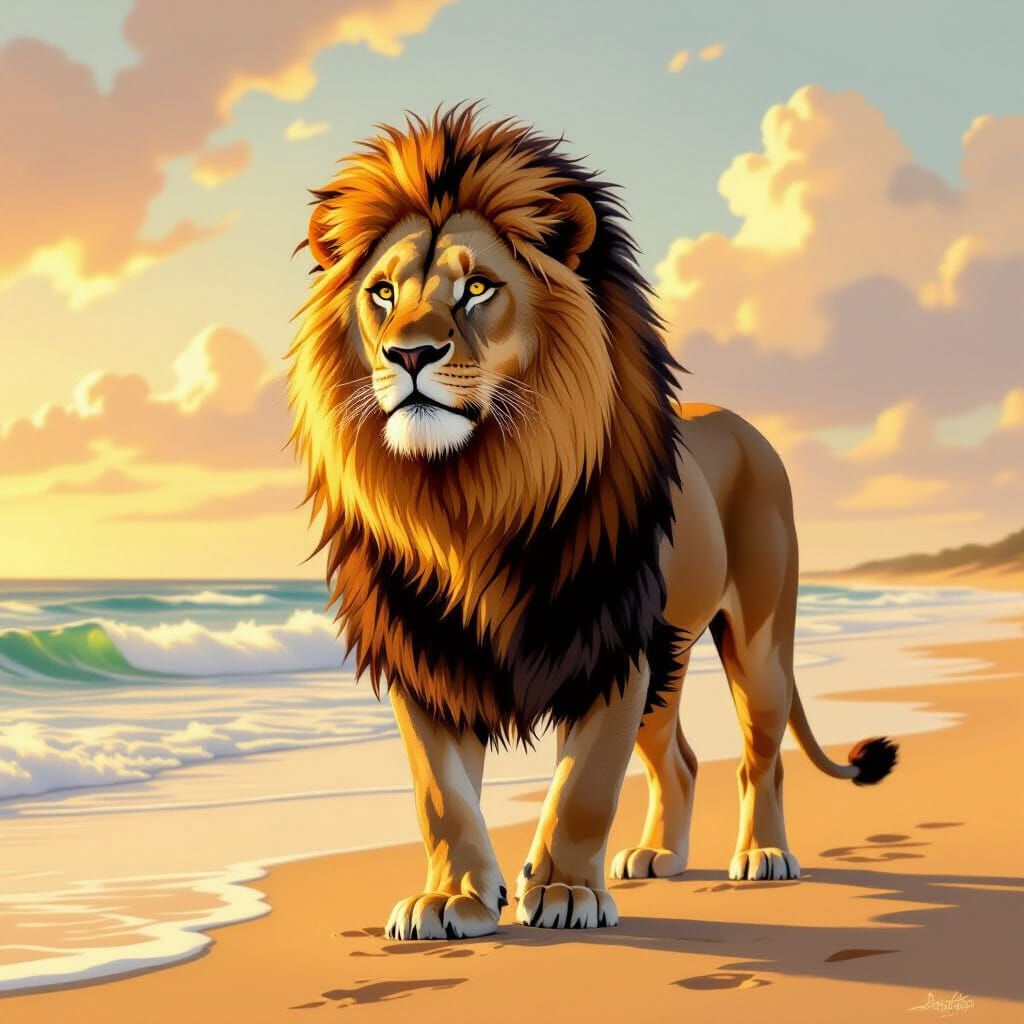 Majestic Lion on Beach at Golden Hour