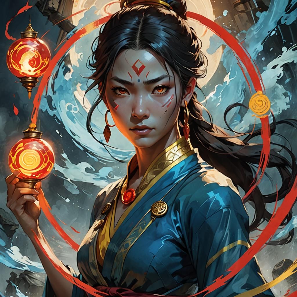 Asian Water Elemental in Comic Art Style