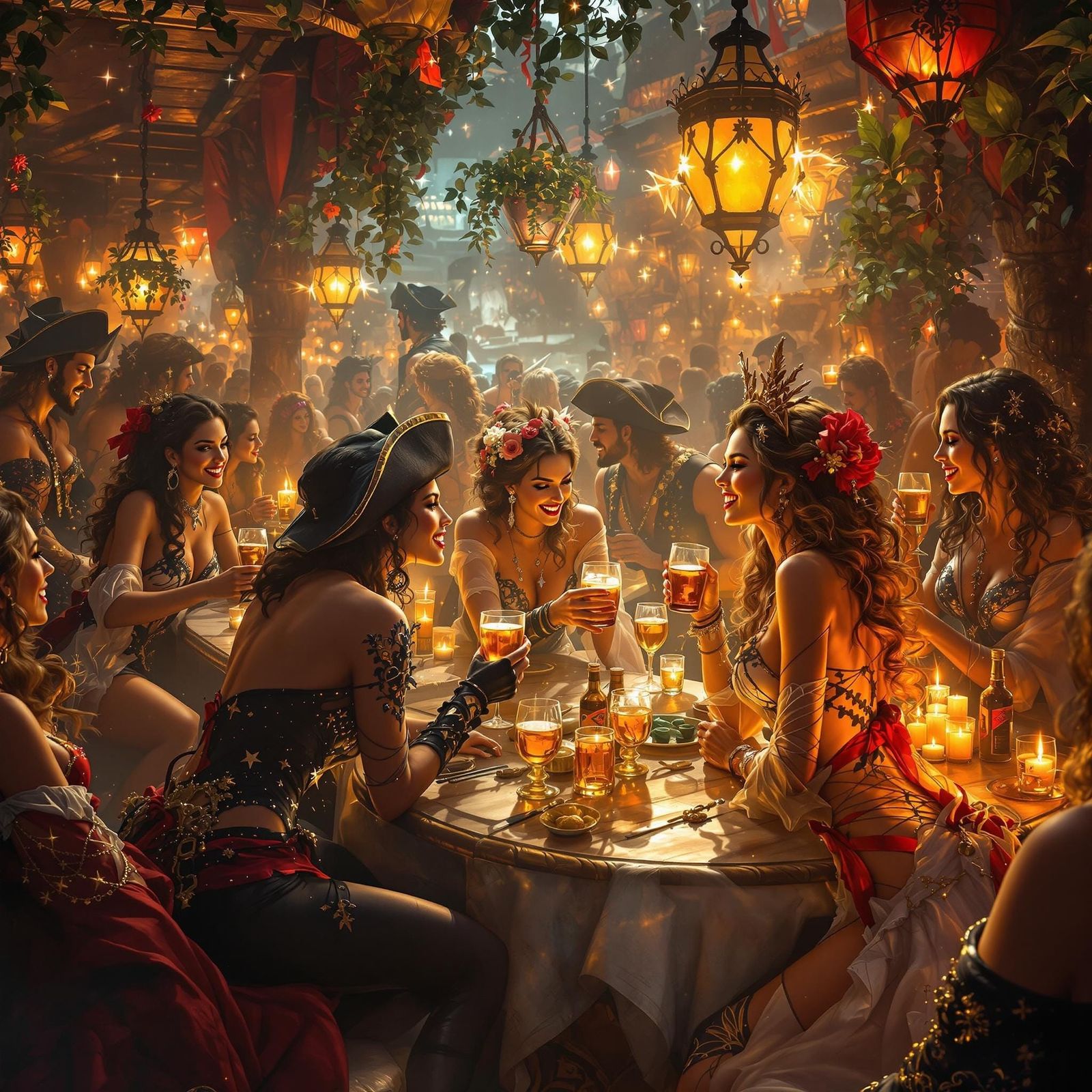 Pirates and Ladies in a Golden Tavern Scene