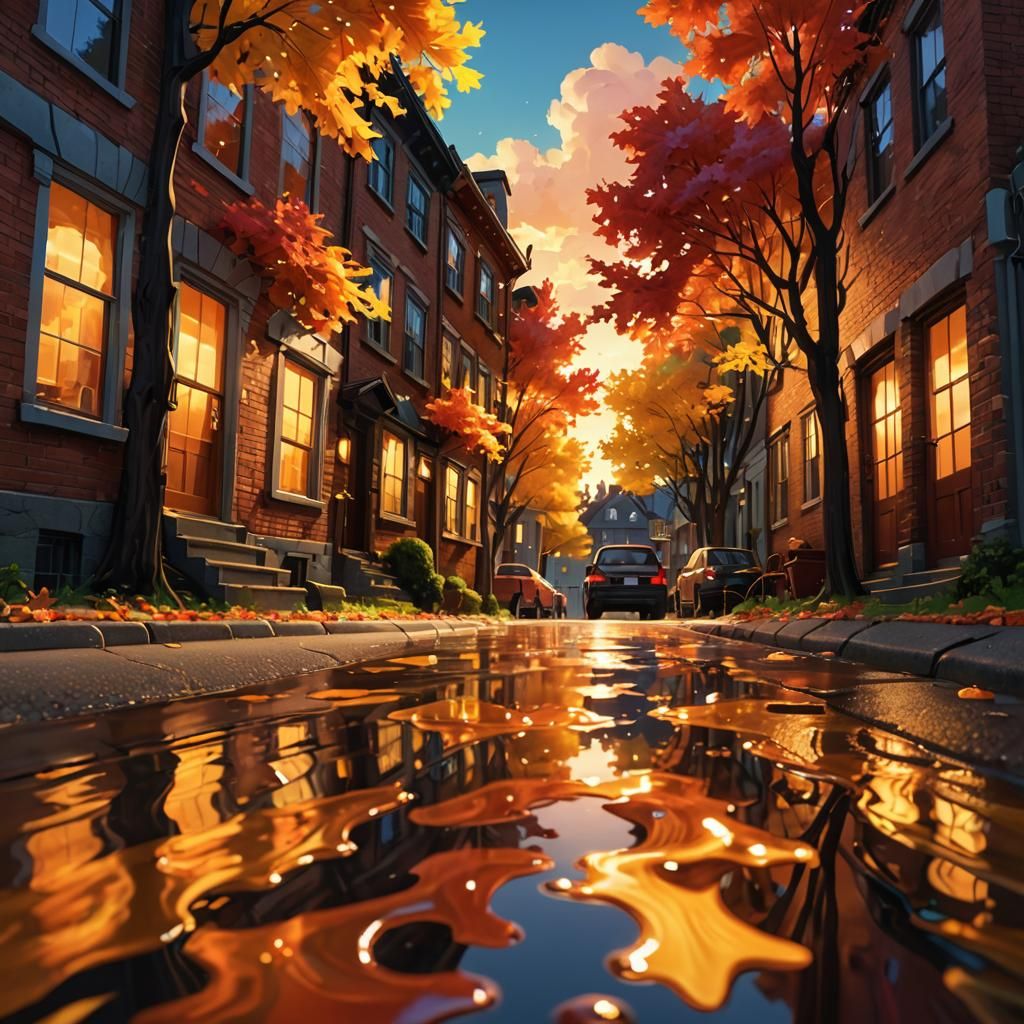 Maple Syrup Waves Over City: Whimsical Digital Art