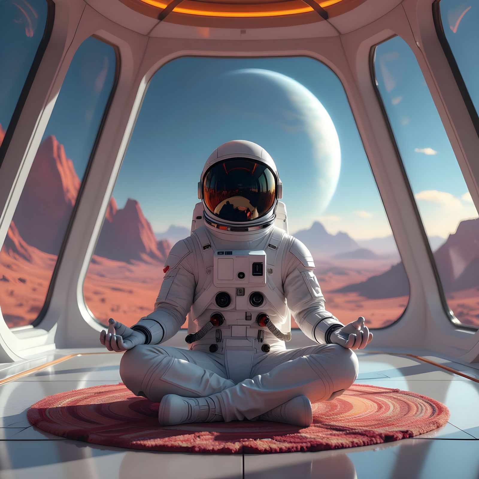 Astronaut Meditating in Alien Base Meditation Chamber
