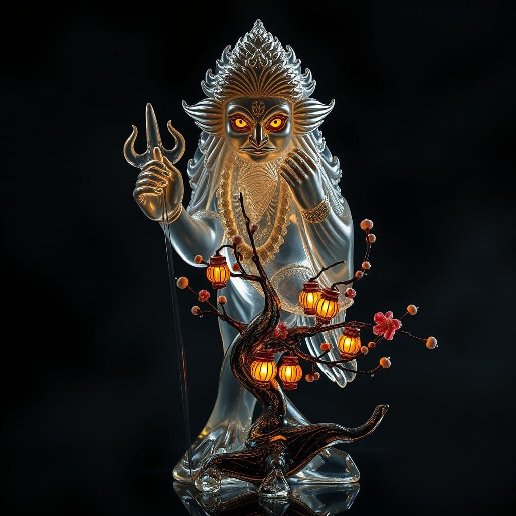 Majestic Glass Hanuman Amidst Sakura Blooms in Ethereal Glow