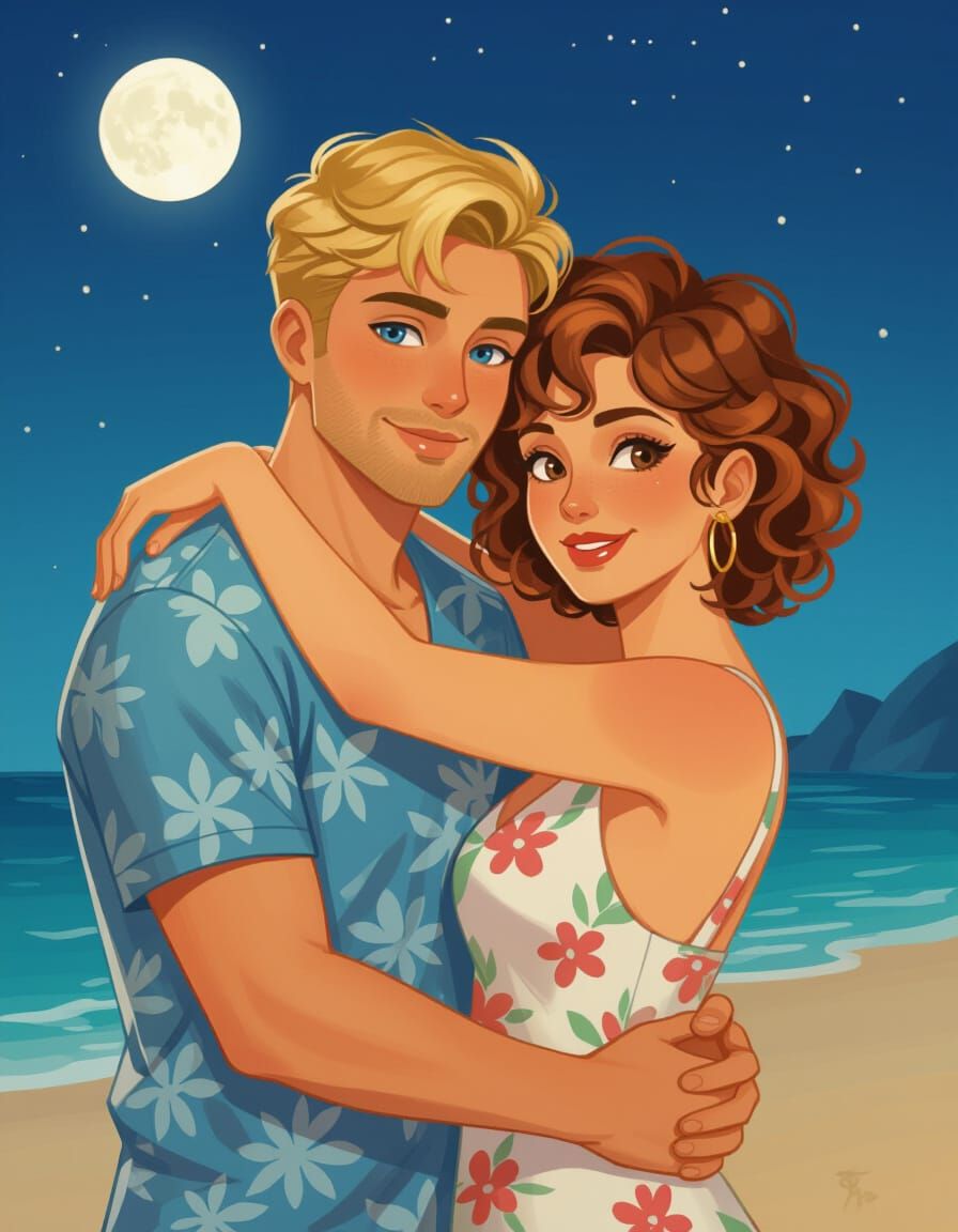 Romantic Beach Embrace Under Full Moon
