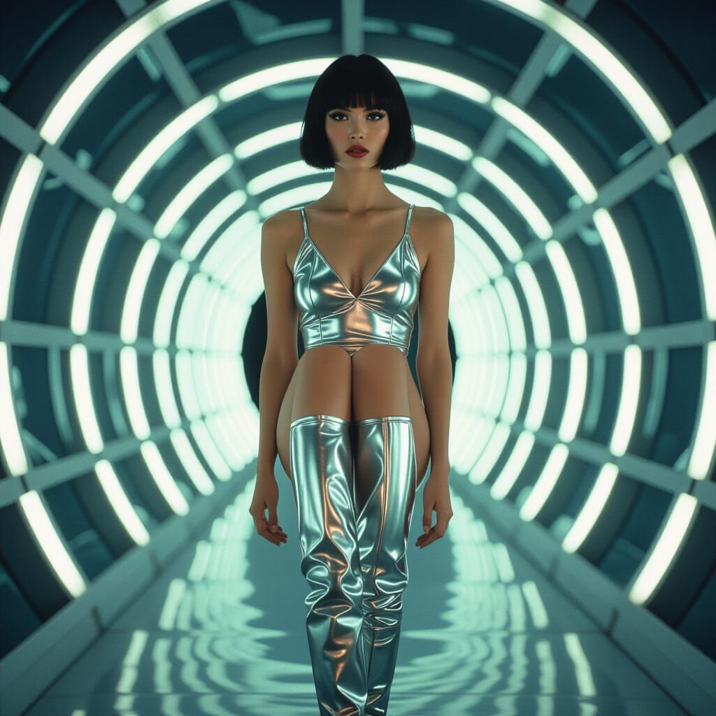 Black and White Studio Portrait of a Woman in Silver Boots