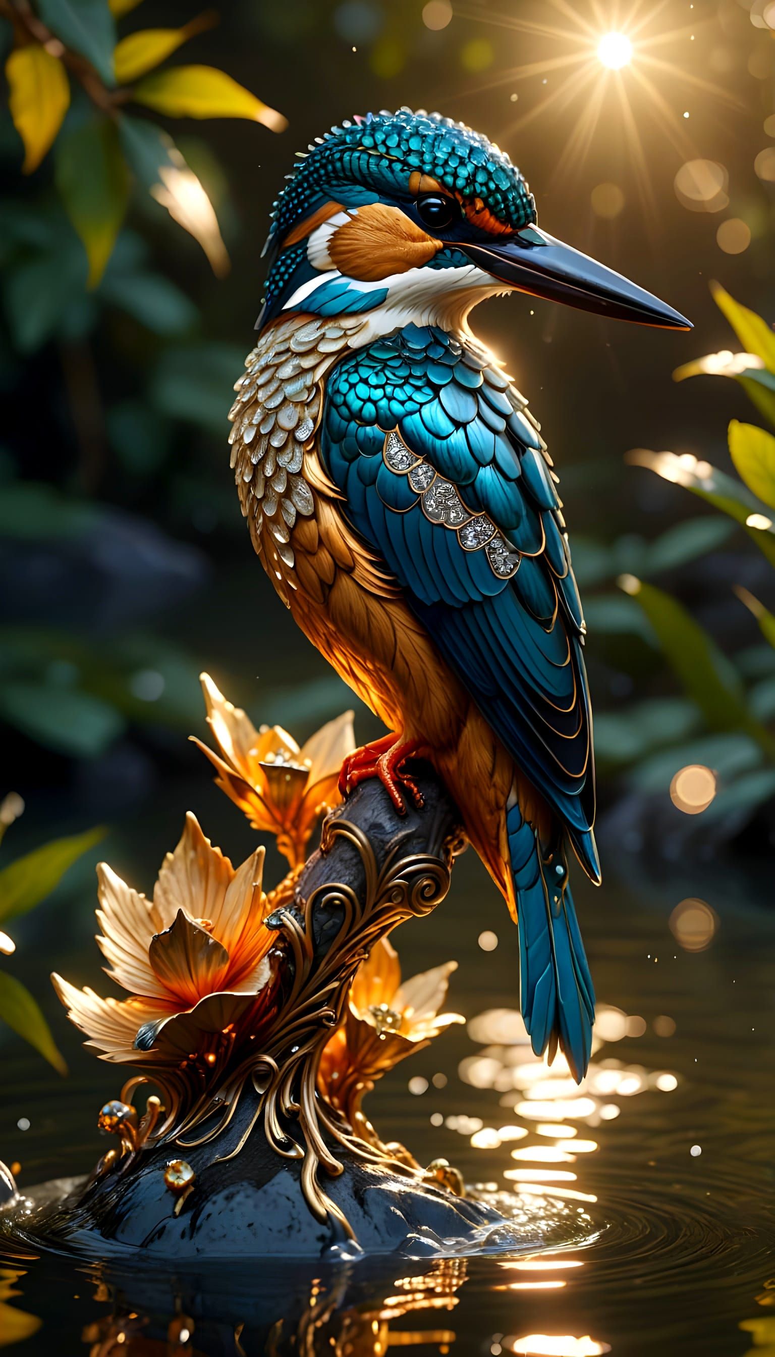 Luxurious Kingfisher in Golden Filigree