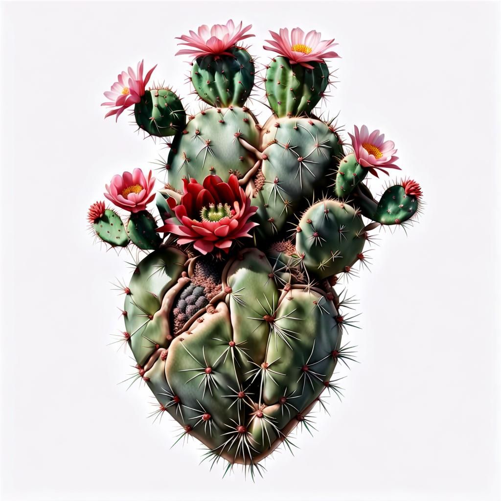 Heart Cactus with Flower: Hyperrealistic 3D Render