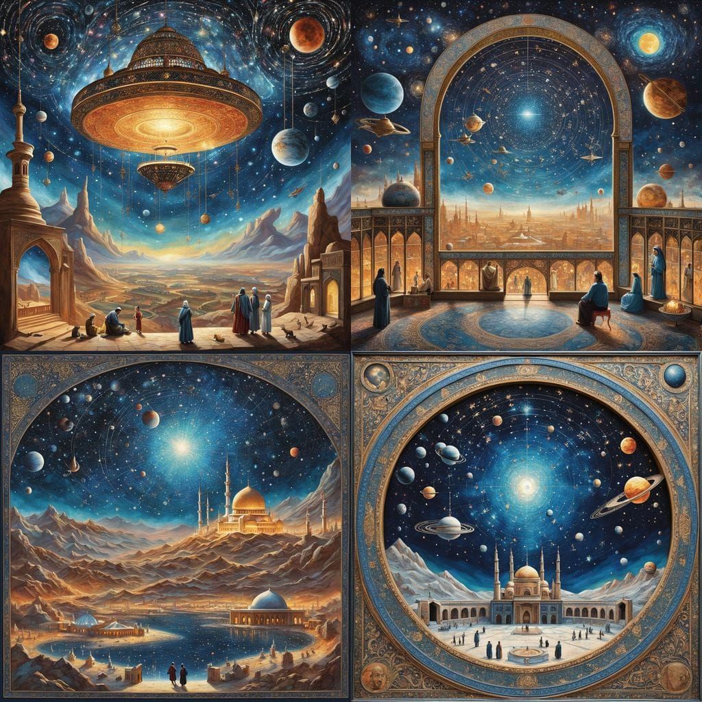 Intricate Star Charts in Bustling Intergalactic Spaceport