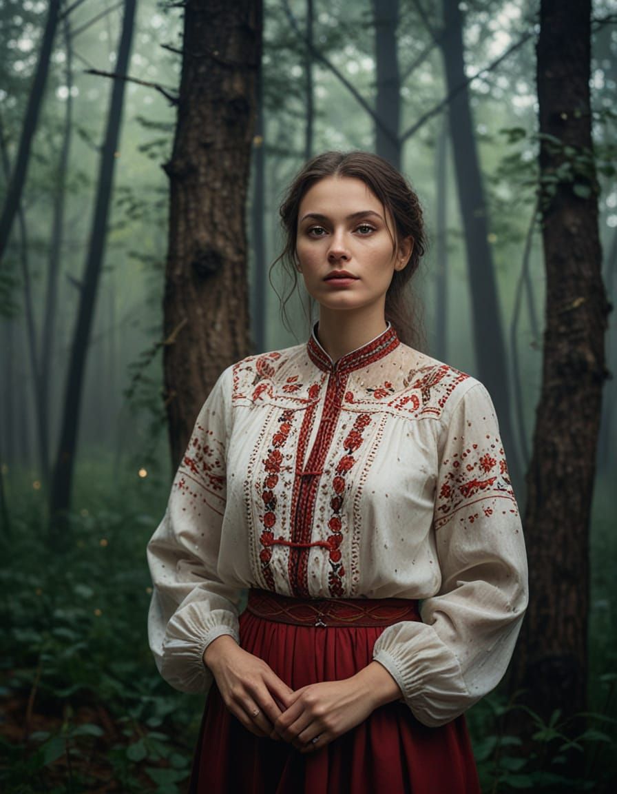 Enchanting Romanian Folk Beauty in a Dreamlike Forest