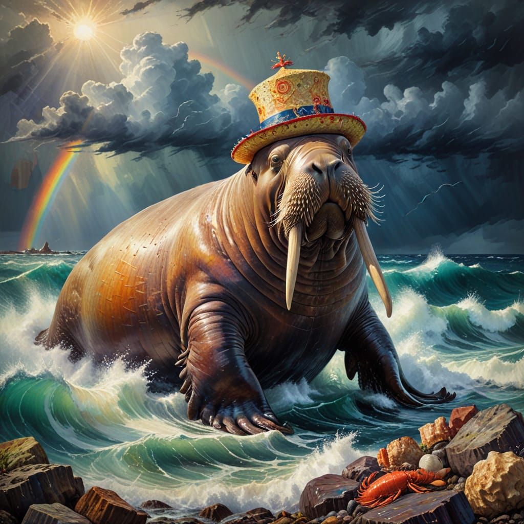 Colossal Walrus in Seafood Hat on Stormy Shore