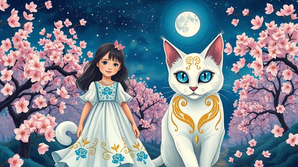 Medieval Dream Girl and Her Majestic White Cat in Cherry Blo...