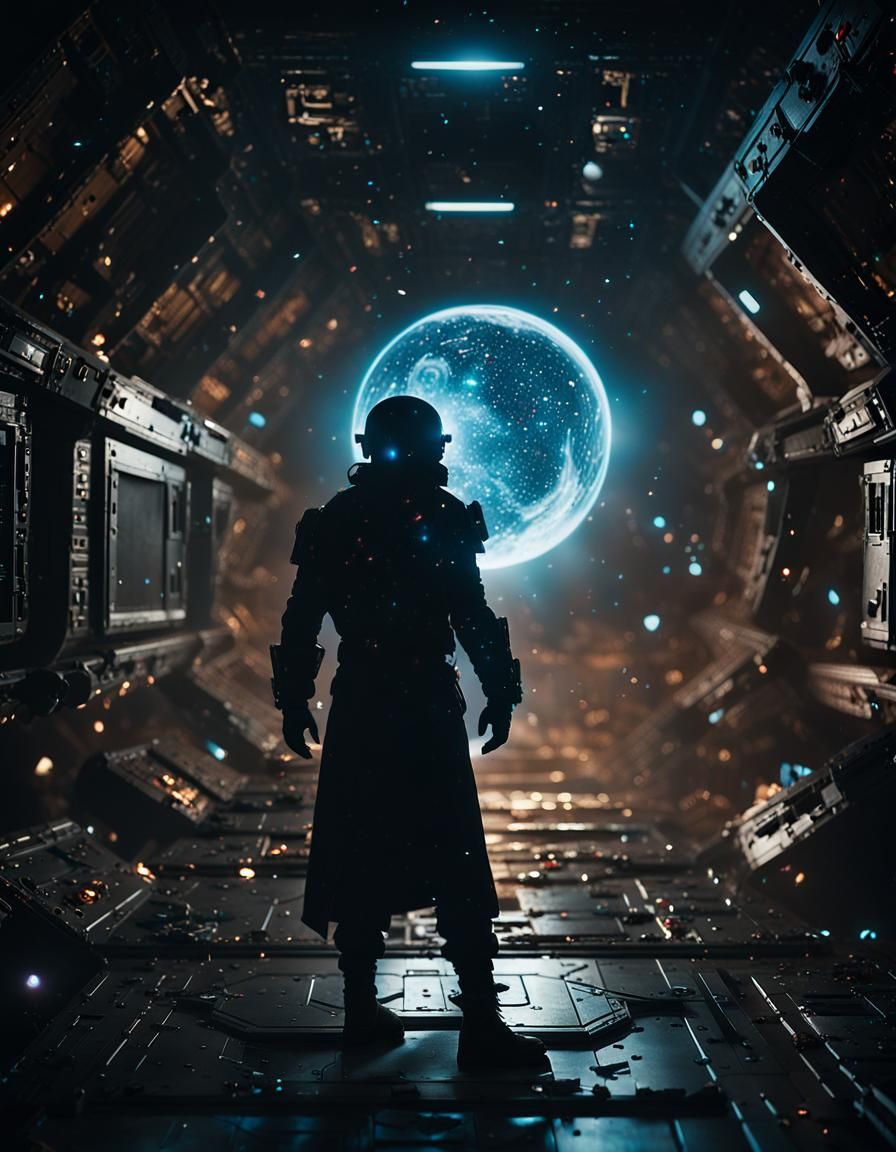 Space Pirate with Nebular Gem in Cinematic Still