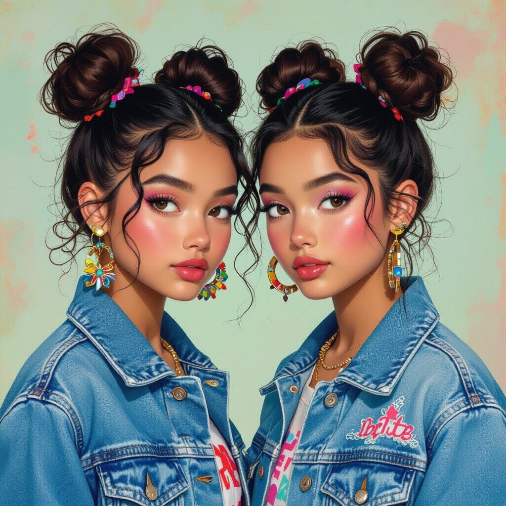 Teenage Girls in Denim Jackets, Pop Art Style