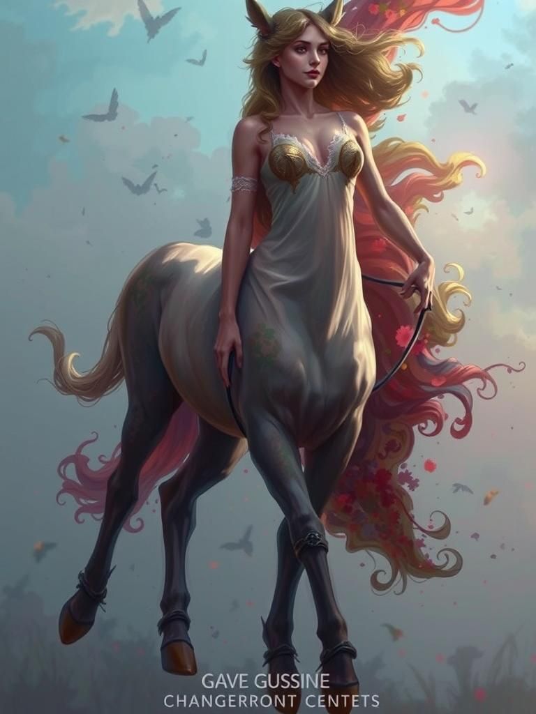 A centauress, depicted in a lush, vibrant meadow, surrounded by flowers and foliage, her upper body dressed in a flowing...