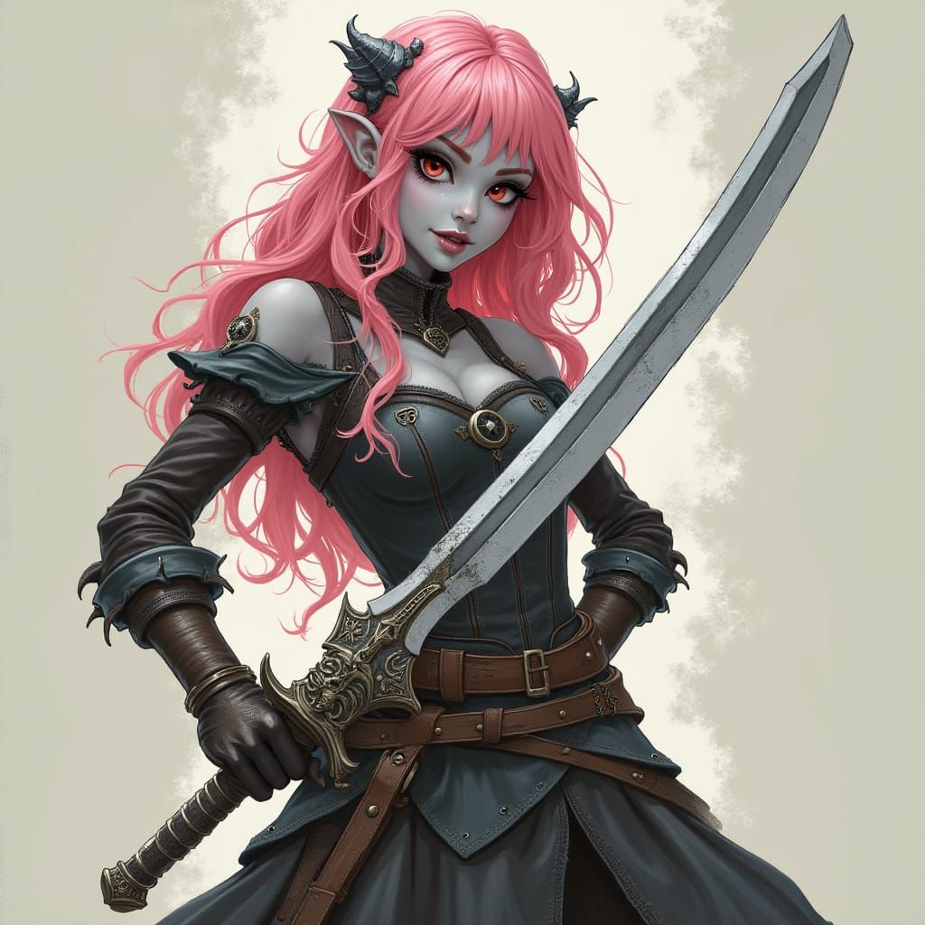 Drow Female with Pink Hair and Greatsword