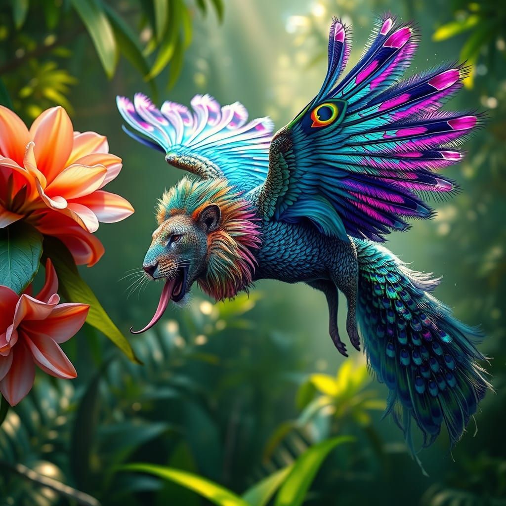 Iridescent Feathered Lion-Peacock Creature Amidst Tropical F...