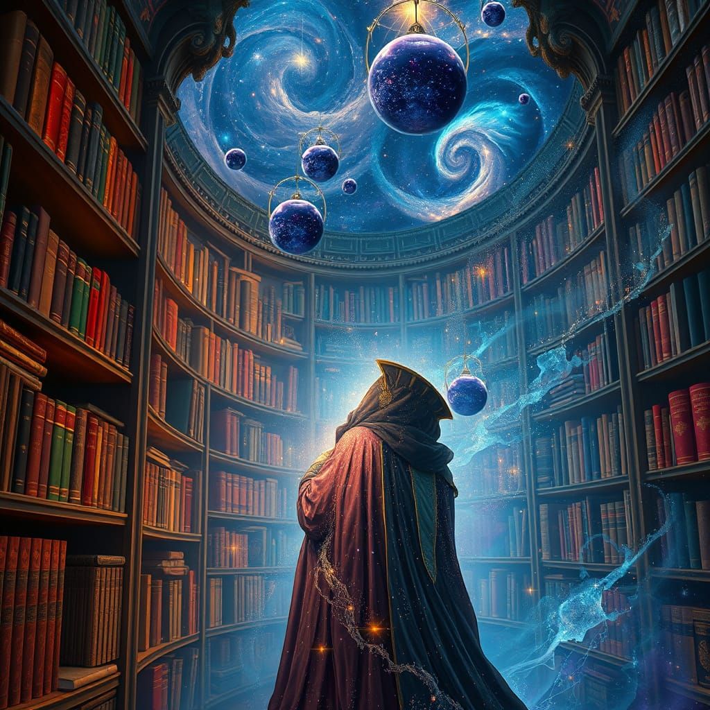 Cosmic Librarian in Starry Library, Art Nouveau Style